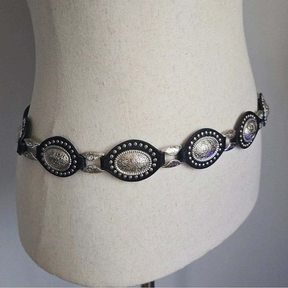 Haute Hippie New Black Silver Concho Vegan Leather Western Statement Belt XL